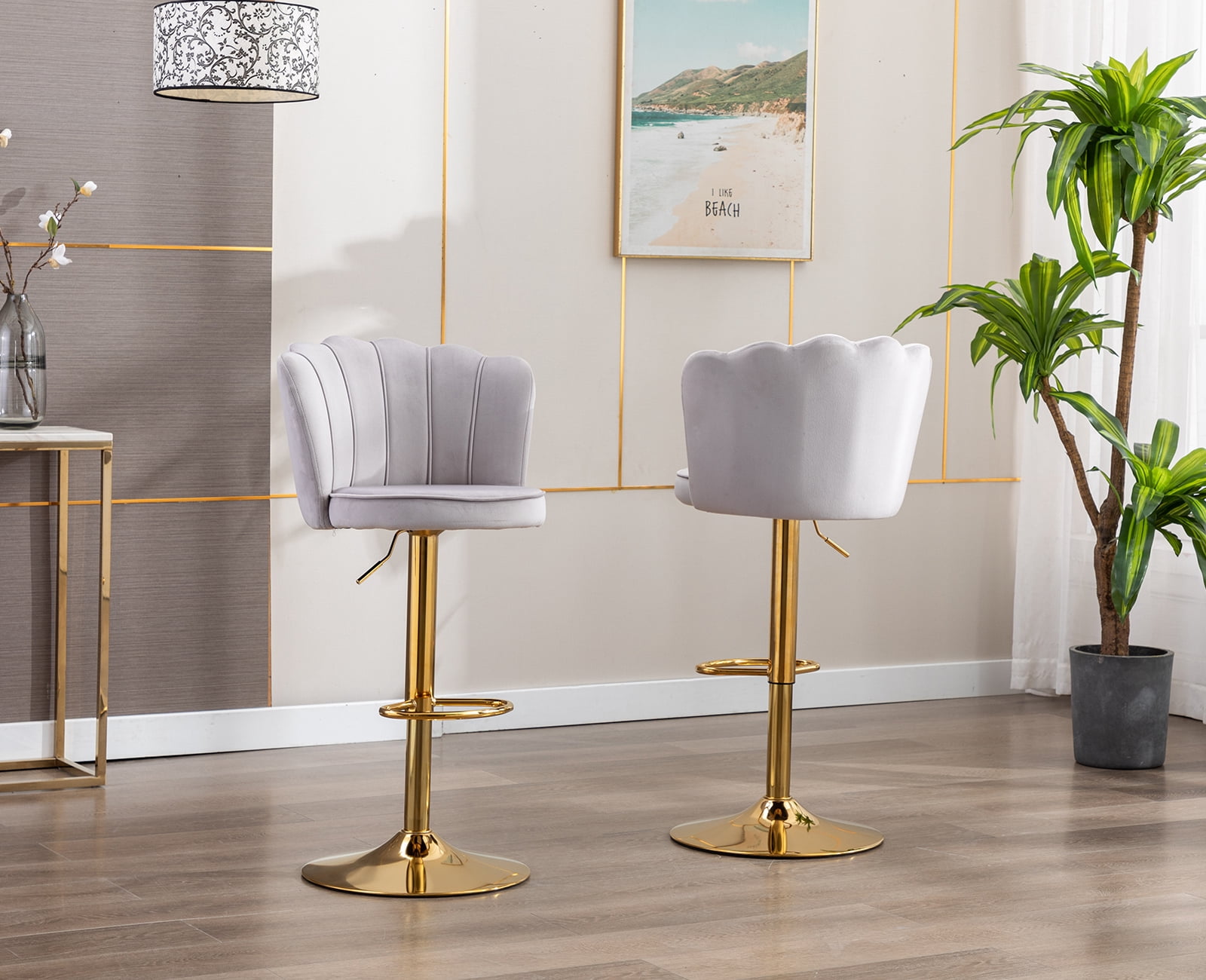 Guyou Swivel Adjustable Bar Stools Set of 2, Velvet Counter Height Barstools with Petal Back and Gold Footrest, Modern Counter Bar Height Stool Chairs for Kitchen Island Bar Cafe, Grey