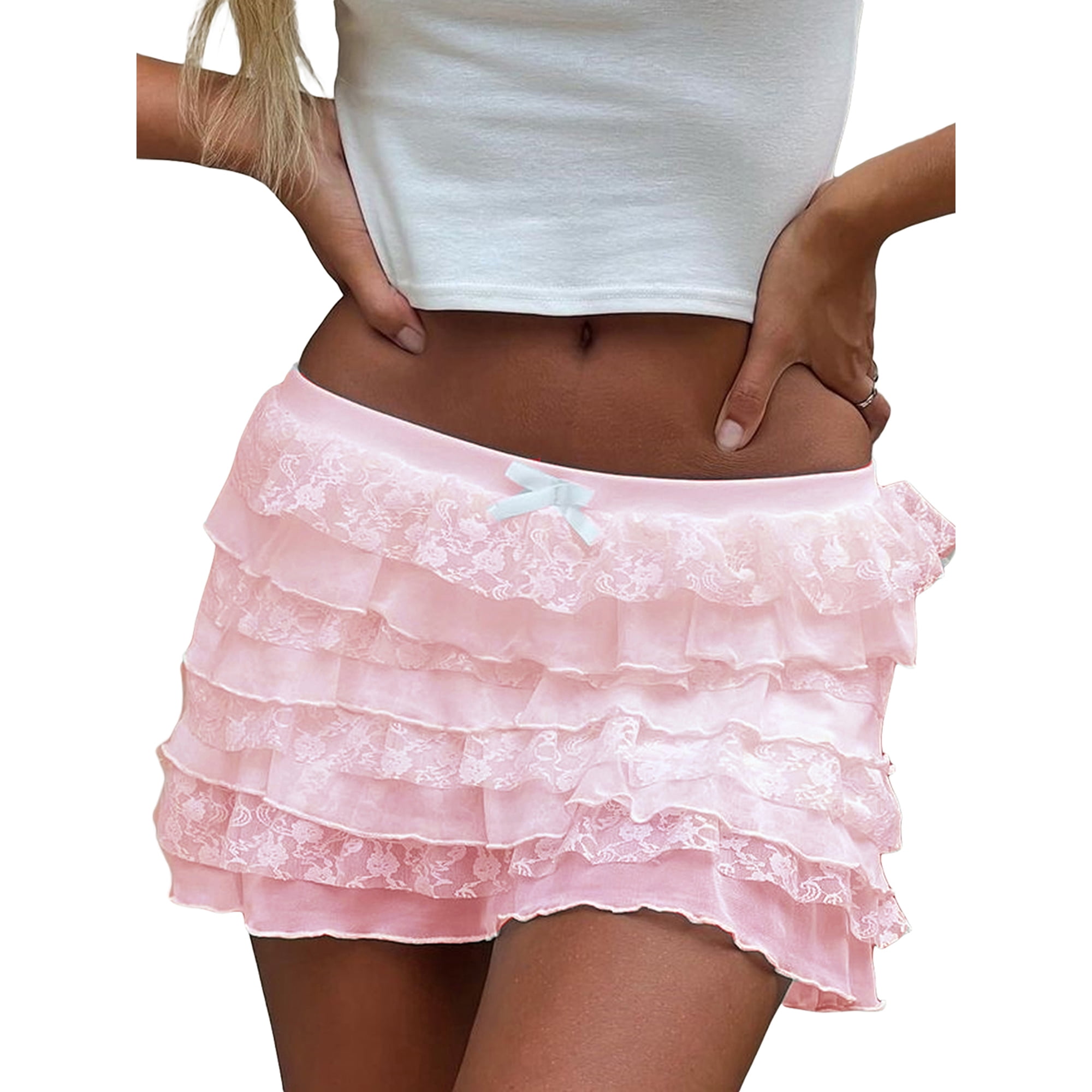 Gupgi Women Pleated Mini Skirt Solid Lace Layered Ruffle Low Waist