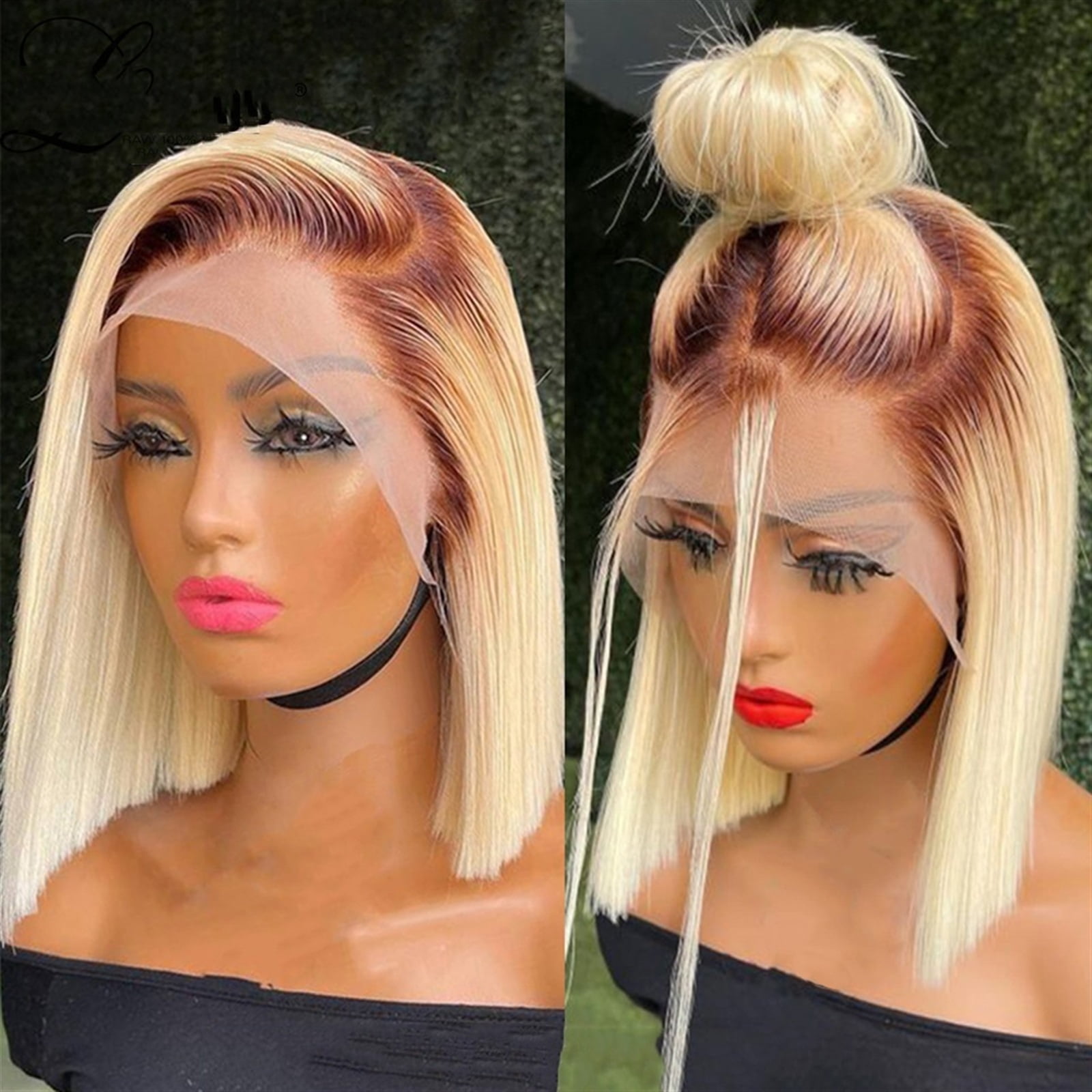 13x4 Ombre Blonde Short Bob Wigs for Women Remy Human Hair 150% Density Blonde Lace Front Wig Peruvian Hair Pixie Cut Transparent Lace Frontal Wig