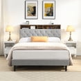 thumbnail image 3 of Jopath Queen Platform Bed, Upholstered Bed Frame with Linen Fabric Headboard and USB Ports 2 Side-mounted Pockets for Teens Adults Light Grey, 3 of 9