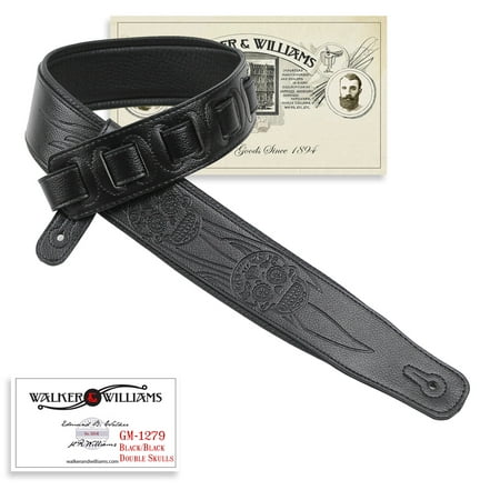 Designer Guitar Strap Skulls Design - Walker & Williams GM-1279 Padded Black Guitar Strap with Flaming Skulls