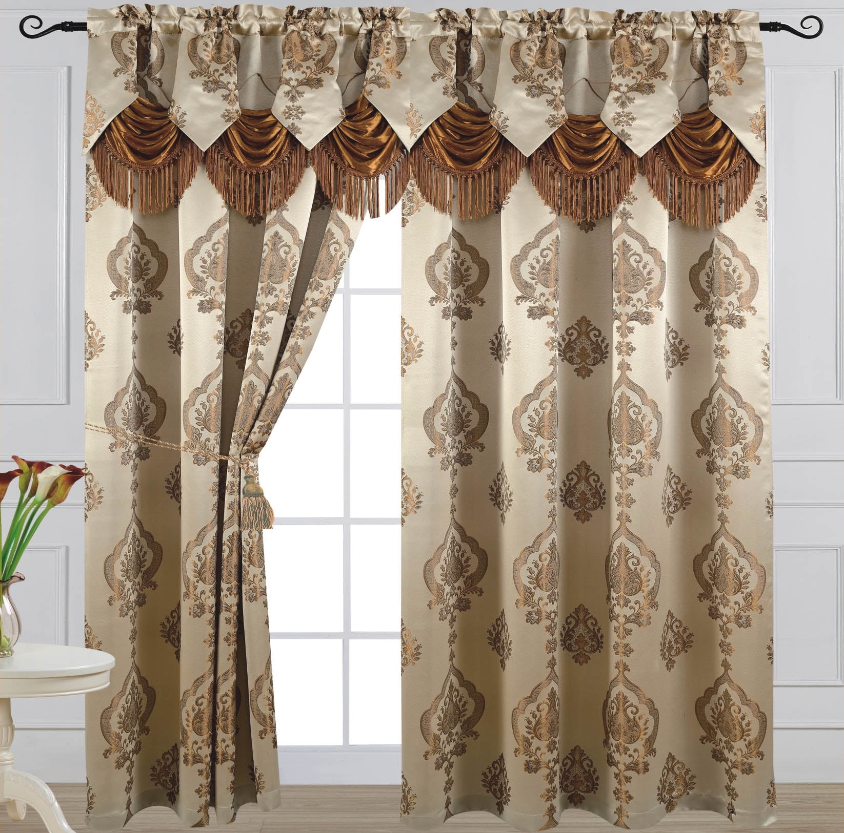 Luxury Jacquard Curtain Panel with Attached Waterfall Valance, 54 by 84