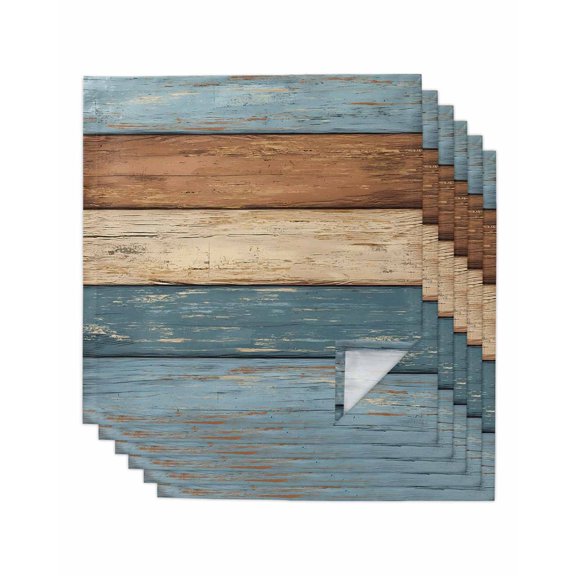 Farmhouse Blue Brown Cloth Napkins Set of 6 Reusable Dinner Napkins, Vintage Wooden Striped Cocktail Napkin Washable Table Napkins for Wedding/Holiday Party/Baby Shower 20"x20"