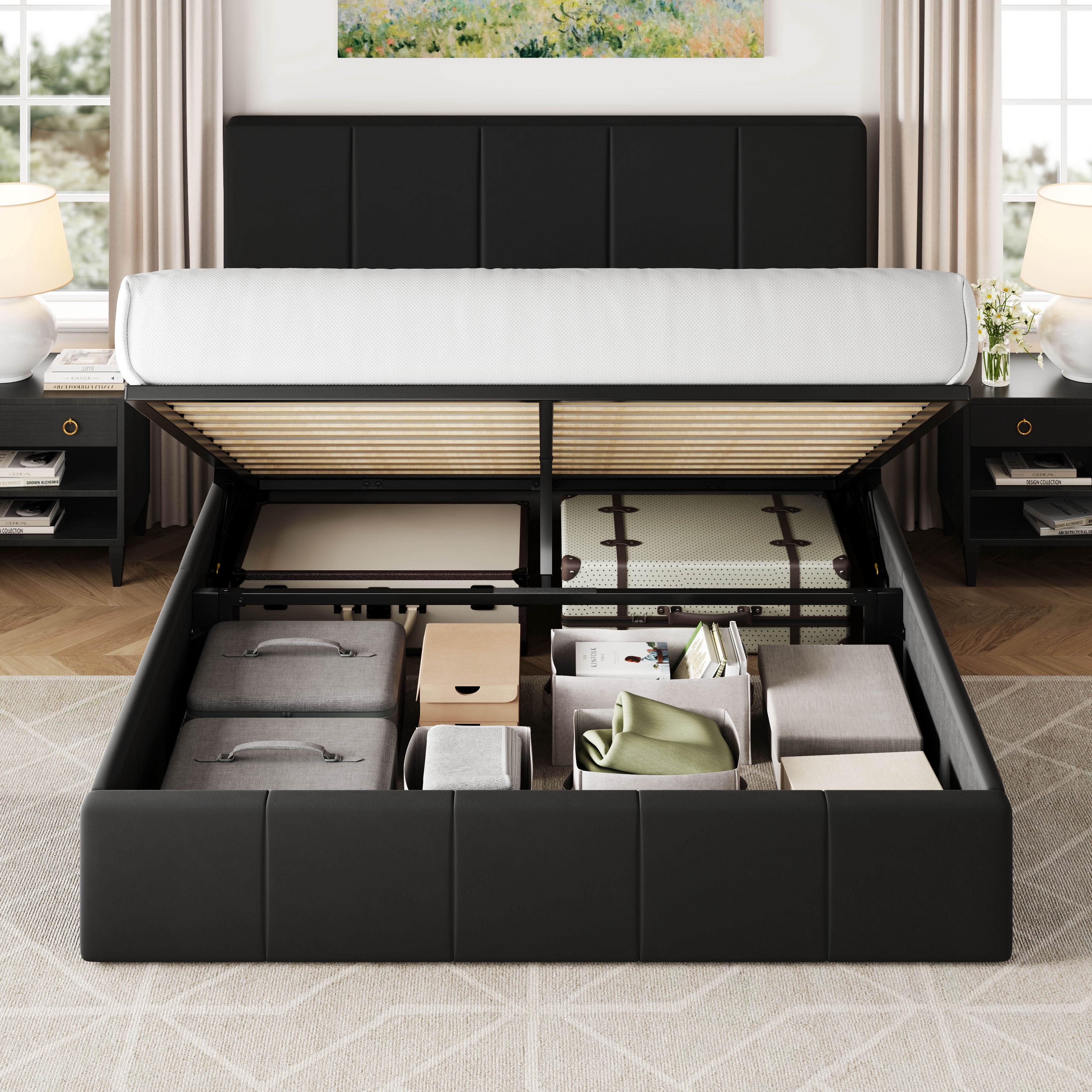 Allewie Queen Size Velvet Lift Up Storage Bed Frame, Vertical Channel Tufted Headboard, Hydrualic Underneath Storage, Upholstered Platform Bed, Wooden Slats Support, No Box Spring Needed, Black