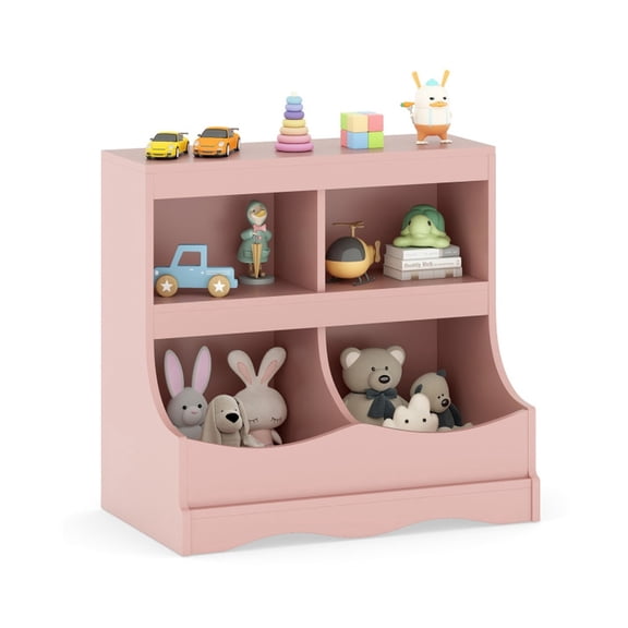Furnibear Toy Storage Organizer 4-Cubby Kids Bookcase with Countertop for Toys Books and Nursery Storage Bins Freestanding Shelf, Pink