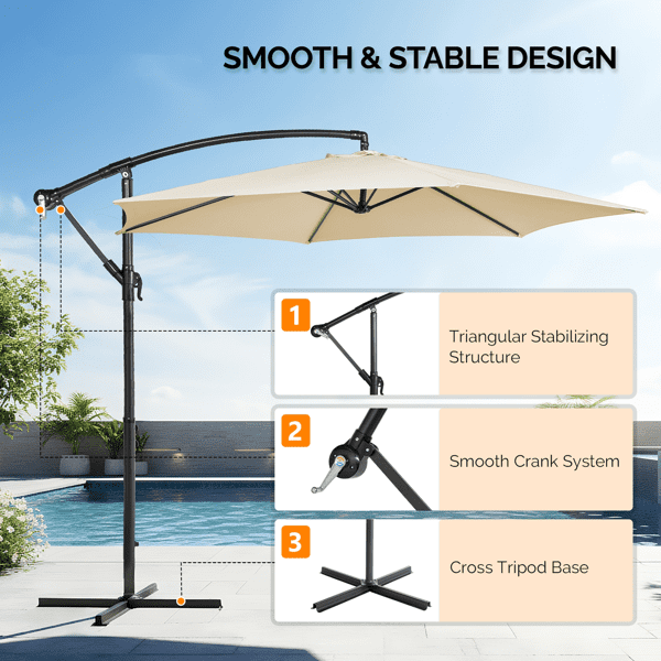 Alvantor 10FT Offset Patio Umbrella Cantilever Banana Umbrella with Crank Tilt Cross Base Khaki
