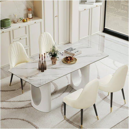 JERFIT Modern Sintered Stone Dining Table for 6, White Tempered Glass Top with Carbon Steel Base, Rectangular Kitchen Table