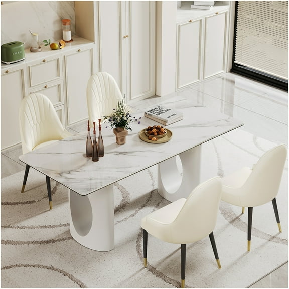 JERFIT Modern Sintered Stone Dining Table for 6, White Tempered Glass Top with Carbon Steel Base, Rectangular Kitchen Table