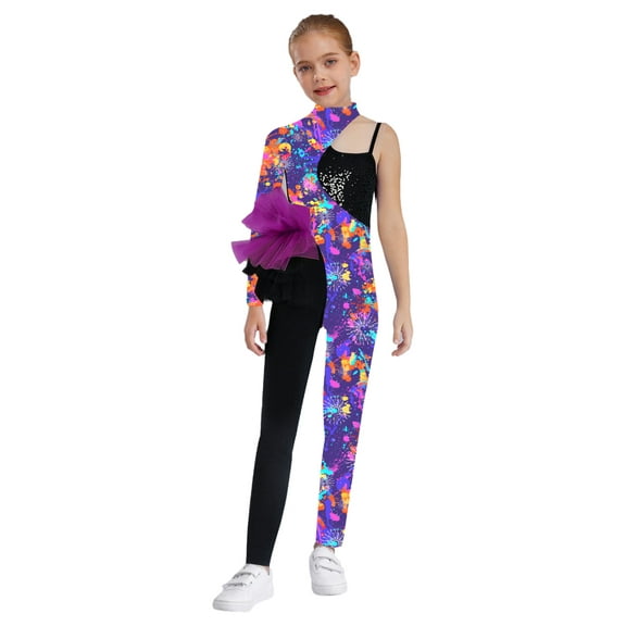 iiniim Girl's Sequin Snake Jumpsuit Gymnastics Leotards Long Sleeve Color Block Patchwork Tulle Peplum Bodysuit Graffiti 12