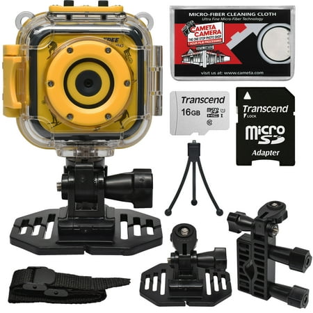 Precision Design K1 Kids HD Action Camera Camcorder (Yellow/Black) with Helmet & Handlebar Bike Mounts + 16GB Card + Mini Tripod +