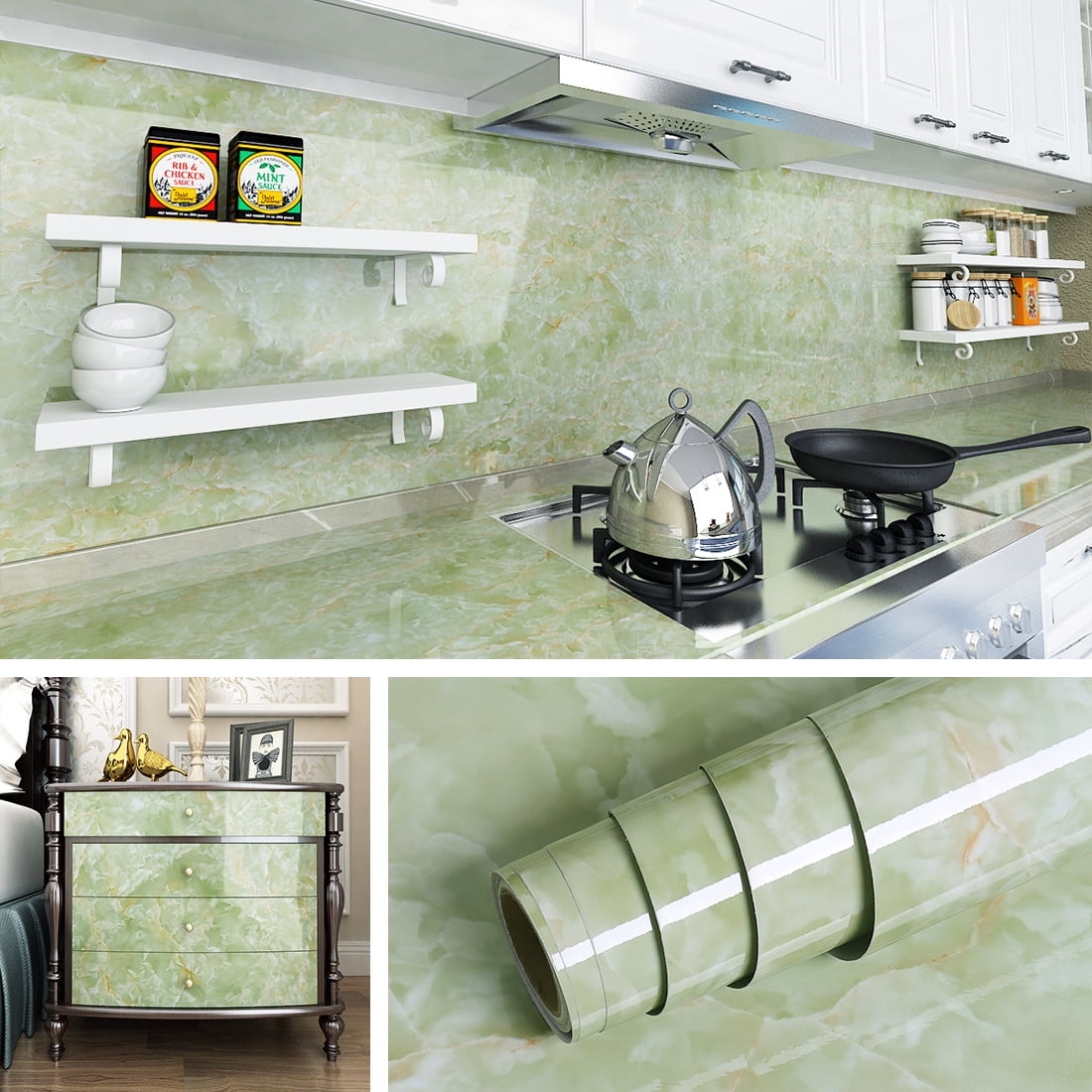 Livelynine Green Marble Contact Paper for Kitchen Countertops Peel and