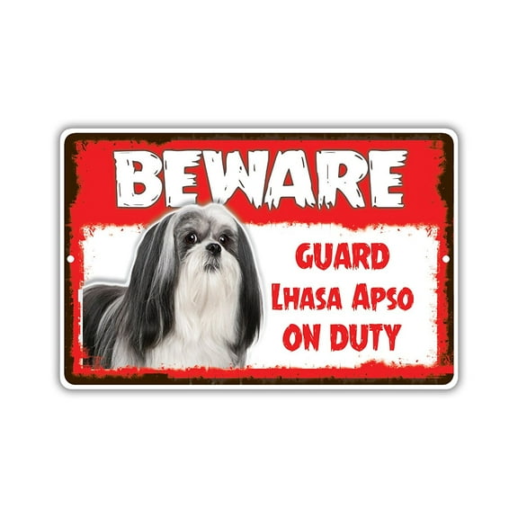 Beware Guard Lhasa Apso Dog On Duty Novelty Aluminum Metal 8"x12" Sign