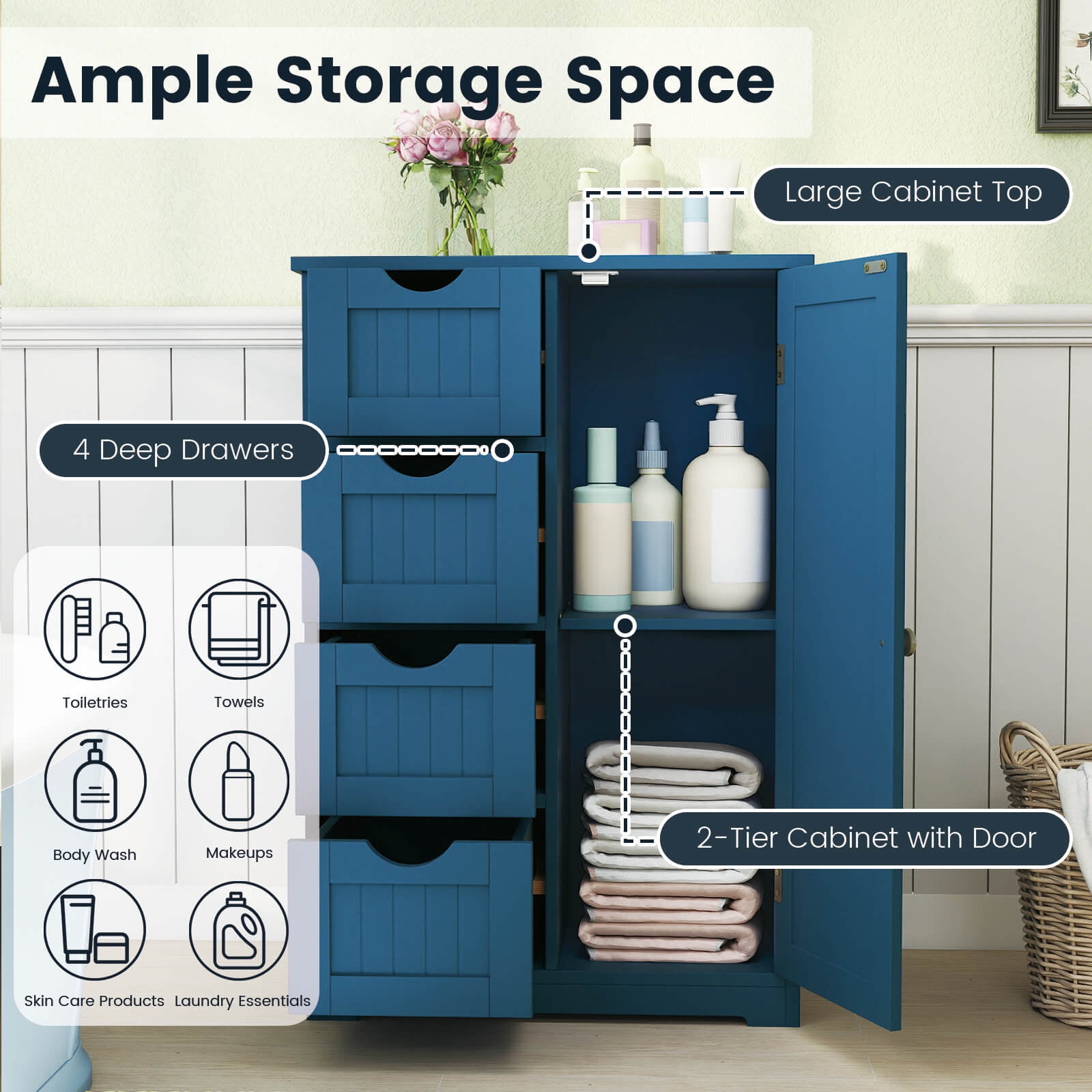 Costway Wooden 4 Drawer Free Standing Bathroom Floor Cabinet Storage Cupboard Adjustable Blue