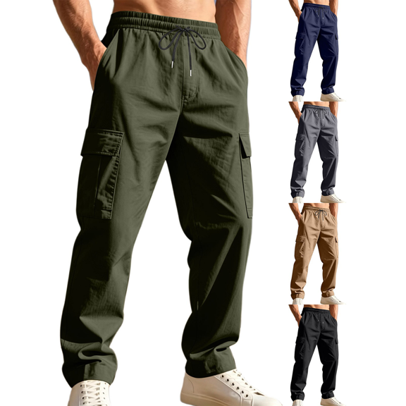 Liuinsasek Men's Straight Leg Cargo Pants Drawstring Elastic with Multi-Pockets Waist Casual Loose Outdoor Sports Long Pants