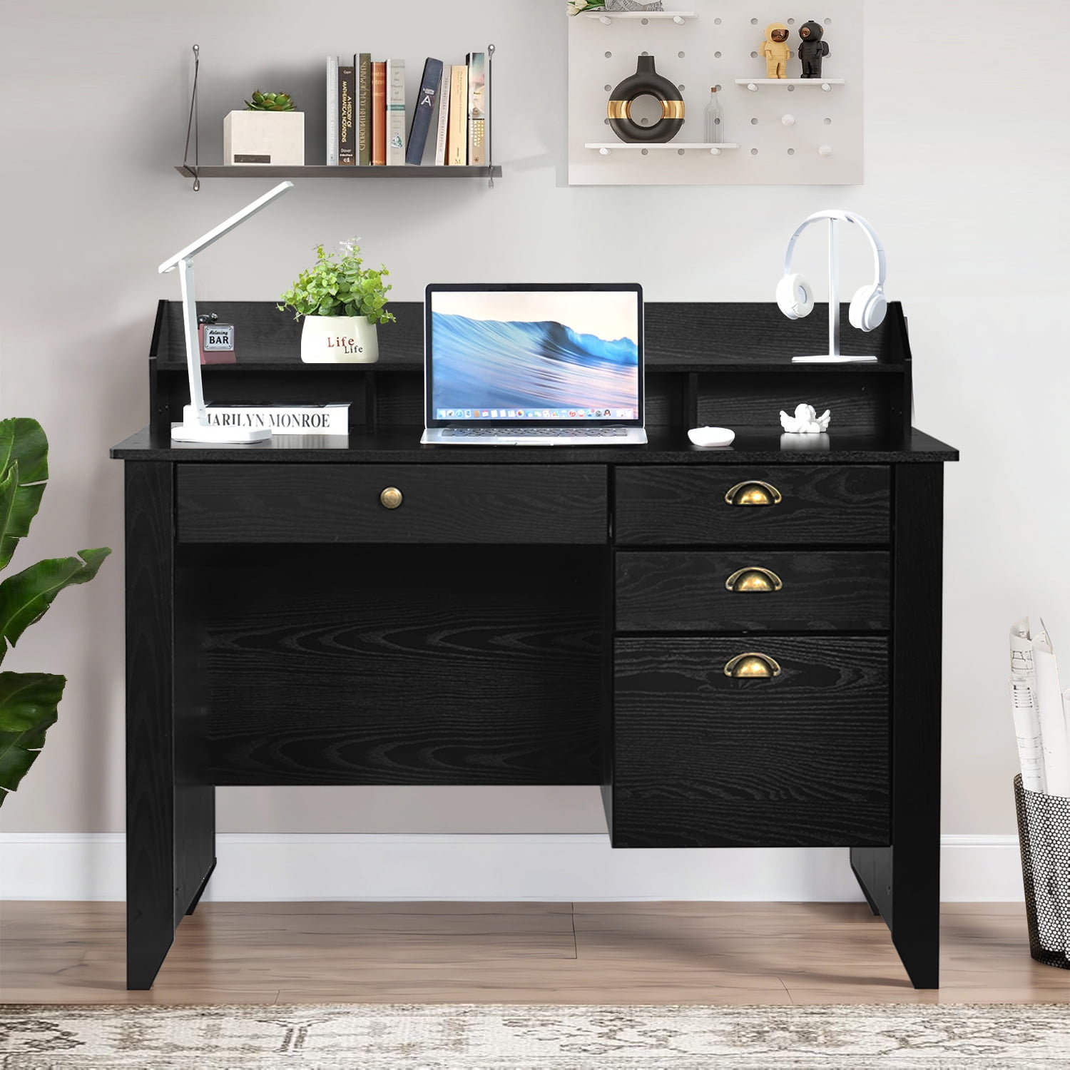 Catrimown Computer Desk, 47.5 in Desk with 4 Drawers, Home Office Desk with Monitor Stand, Matte Black