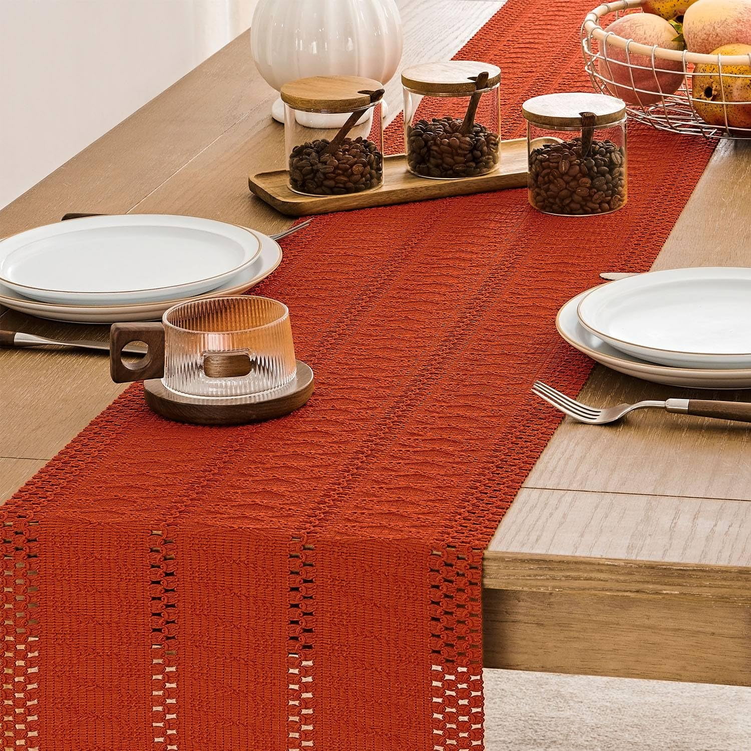 Boho Table Runner, Macrame Style Ivory Table Runners Farmhouse Woven Home Decor, 12x48 Inch, Dark Orange