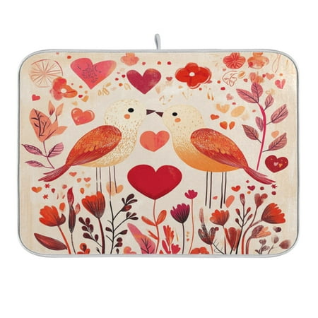

Lovebirds with Flowers Vines Hearts Dish Drying Mat 18x24 Absorbent Microfiber Draining Rack Pad for Kitchen Counter Sink