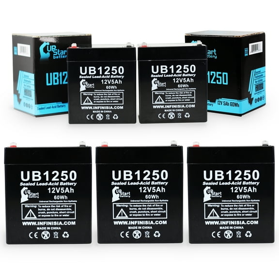 5x Pack - Compatible Exide PowerWare 1000K Battery - Replacement UB1250 Universal Sealed Lead Acid Battery (12V, 5Ah, 5000mAh, F1 Terminal, AGM, SLA) - Includes 10 F1 to F2 Terminal Adapters