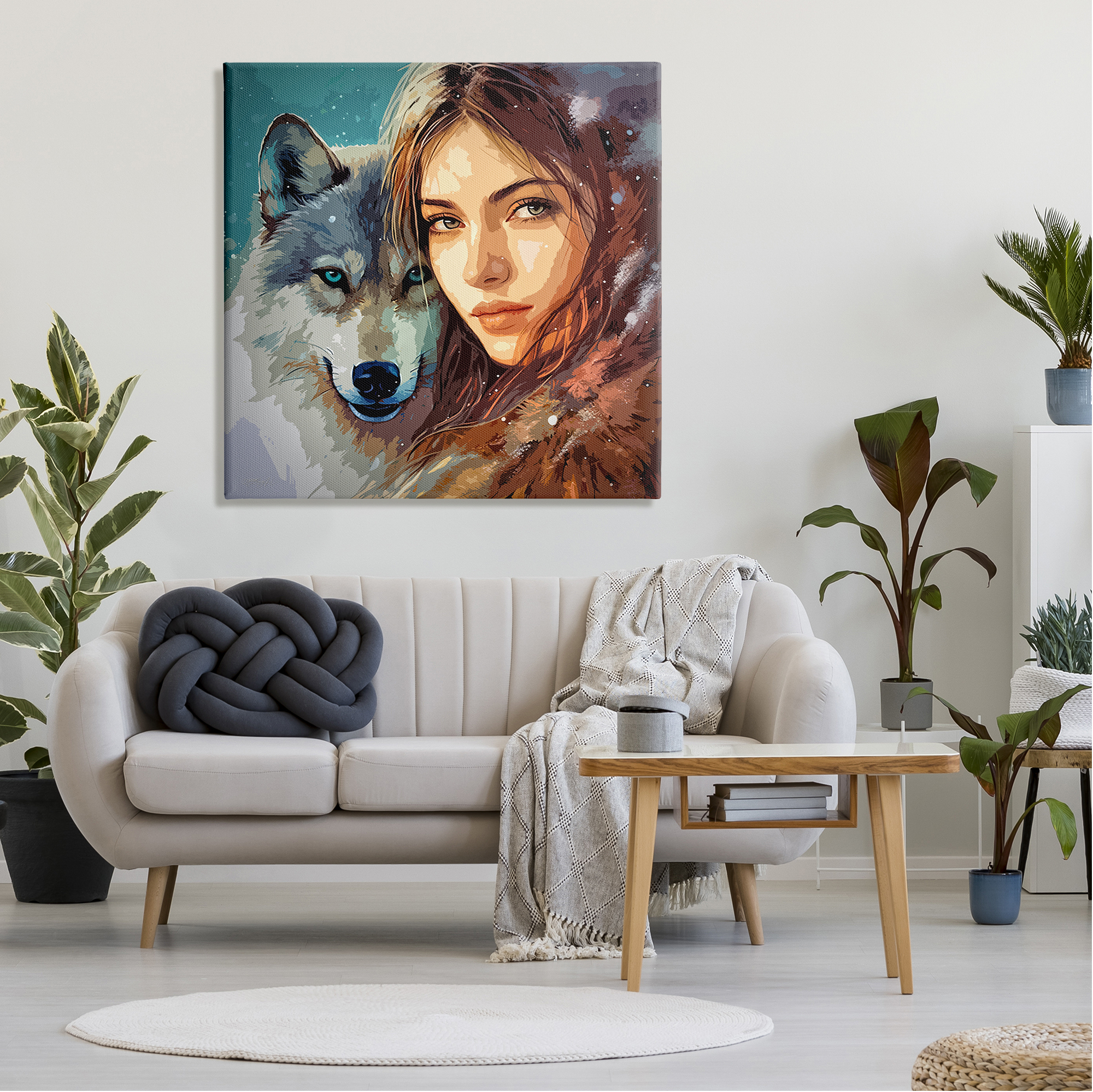 Stupell Industries Girl & Grey Wolf Portrait Animals & Insects Painting Gallery Wrapped Canvas Art Print Wall Art, 36 x 36