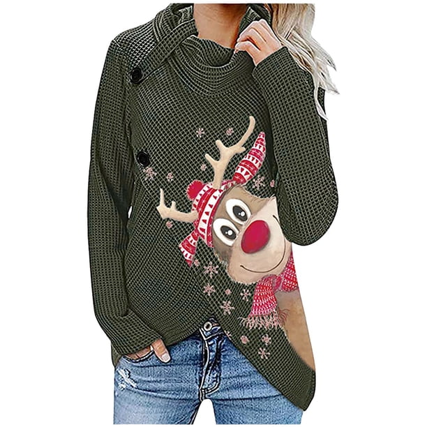 Blusa de manga larga con cuello alto y botones con estampado navideño para mujer Fridja FKASFK186