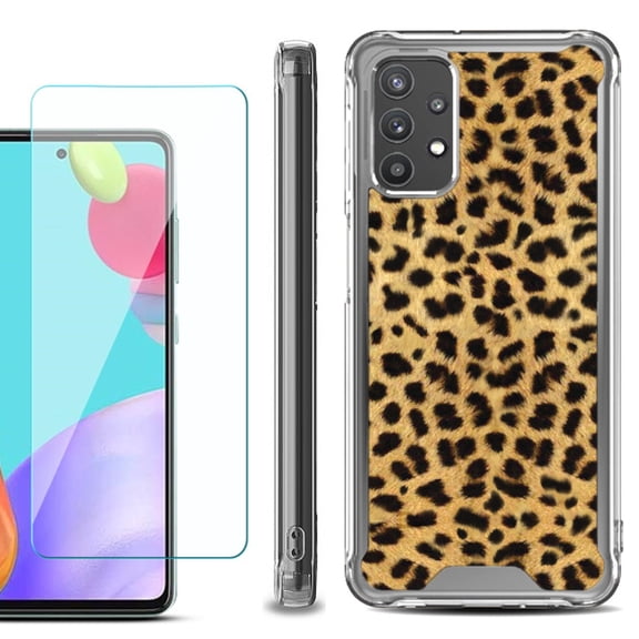Shockproof Bumper Phone Case for Samsung Galaxy A52 5G, with Tempered Glass Screen Protector, by OneToughShield ® - Cheetah Gold/Black