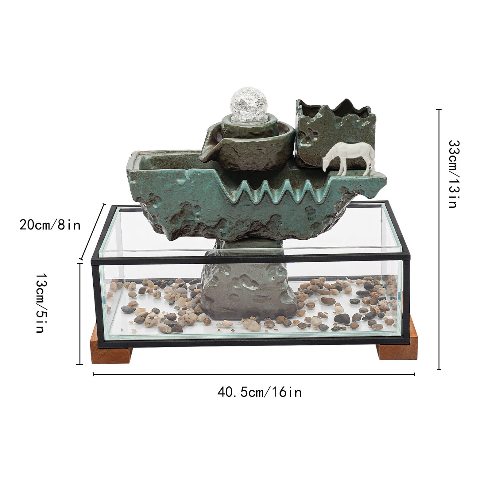 Tabletop Water Fountain, 16x8x5in Glass Fish Tank with LED Lights and Atomizer, Includes Horse Sculpture for Home and Office Decor
