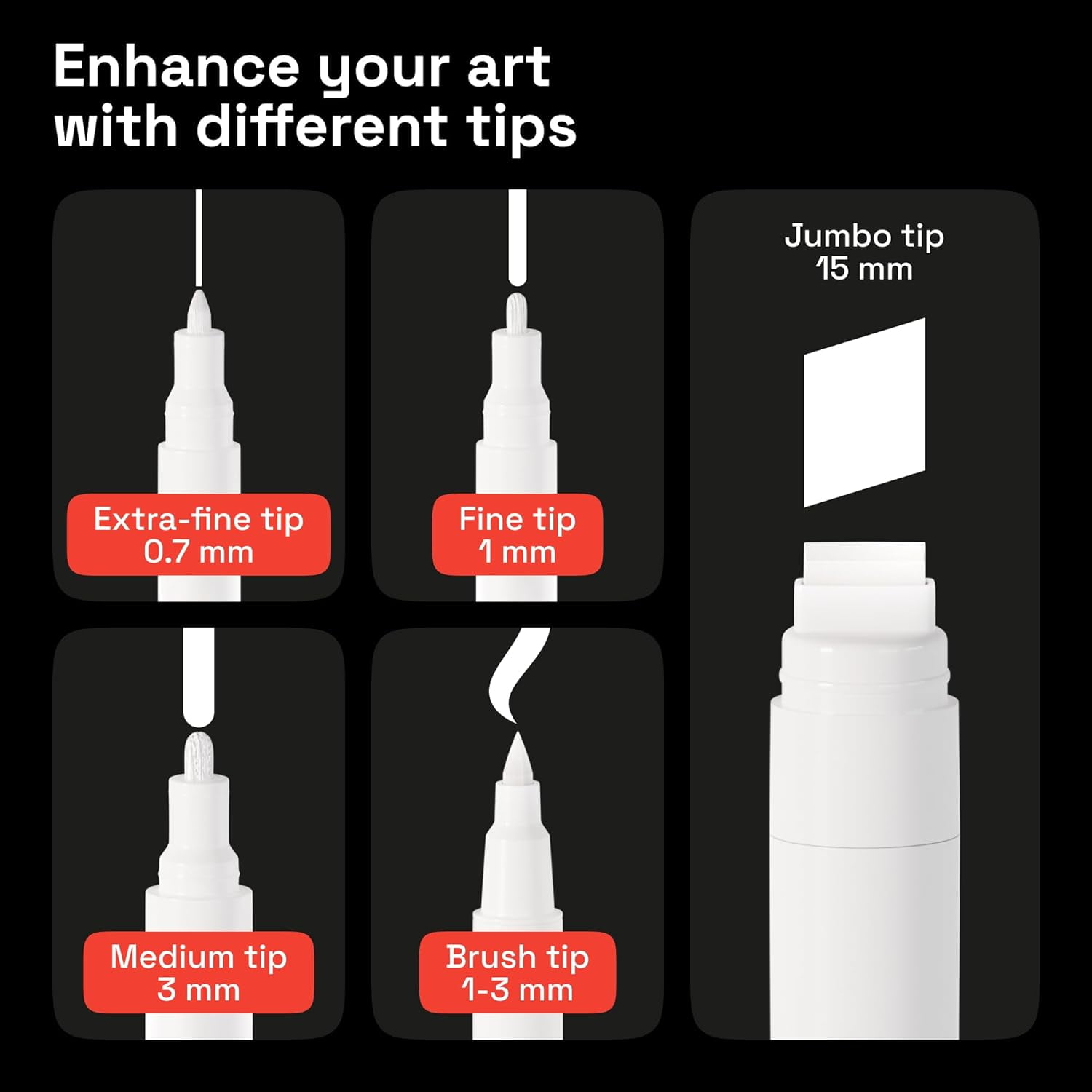 JJEAN-5 White Paint Pen for Rock, Glass, Ceramic, Wood, Tire, Fabric, Metal, Canvas, Marking, Painting - Set of 5 Acrylic Paint Markers Water-based - Different Tips