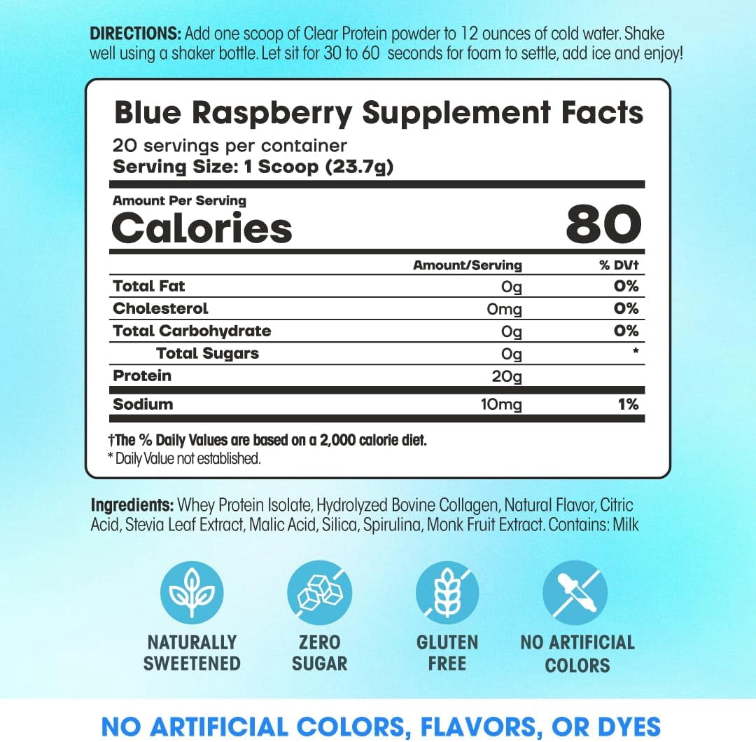 Fit & Lean Clear Protein Powder with Whey Isolate Protein and Collagen, Grass Fed, Muscle Recovery, GLP-1 Support, Blue Raspberry, 20 Servings