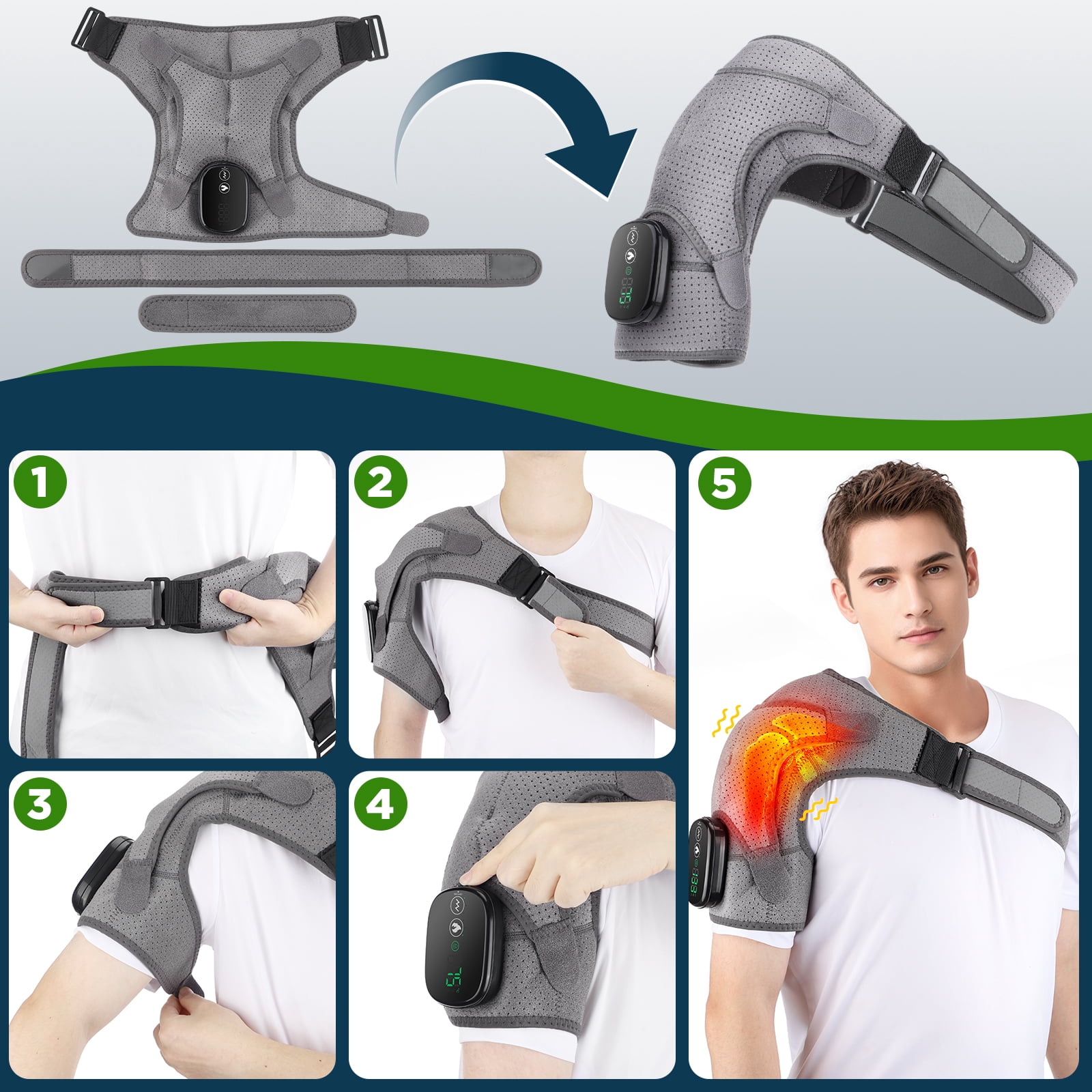 Shoulder Brace Wrap Massager, Cordless Shoulder Heating Pad for Muscle Relax, Electric Heated Shoulder Massage with 3 Heat & Vibration Settings for Women Men, Gray