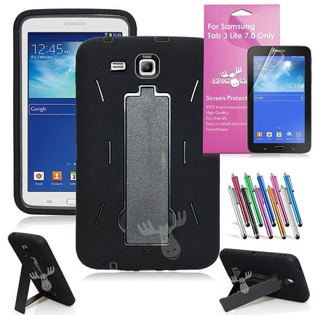 Universal Torch - Galaxy Tab 3 Lite 7.0 Case, EpicGadget Heavy Duty Rugged Impact Hybrid Case with Build in Kickstand Bundle with Clear Screen Protector and Universal Long Touch Stylus Pen (Black/Black)