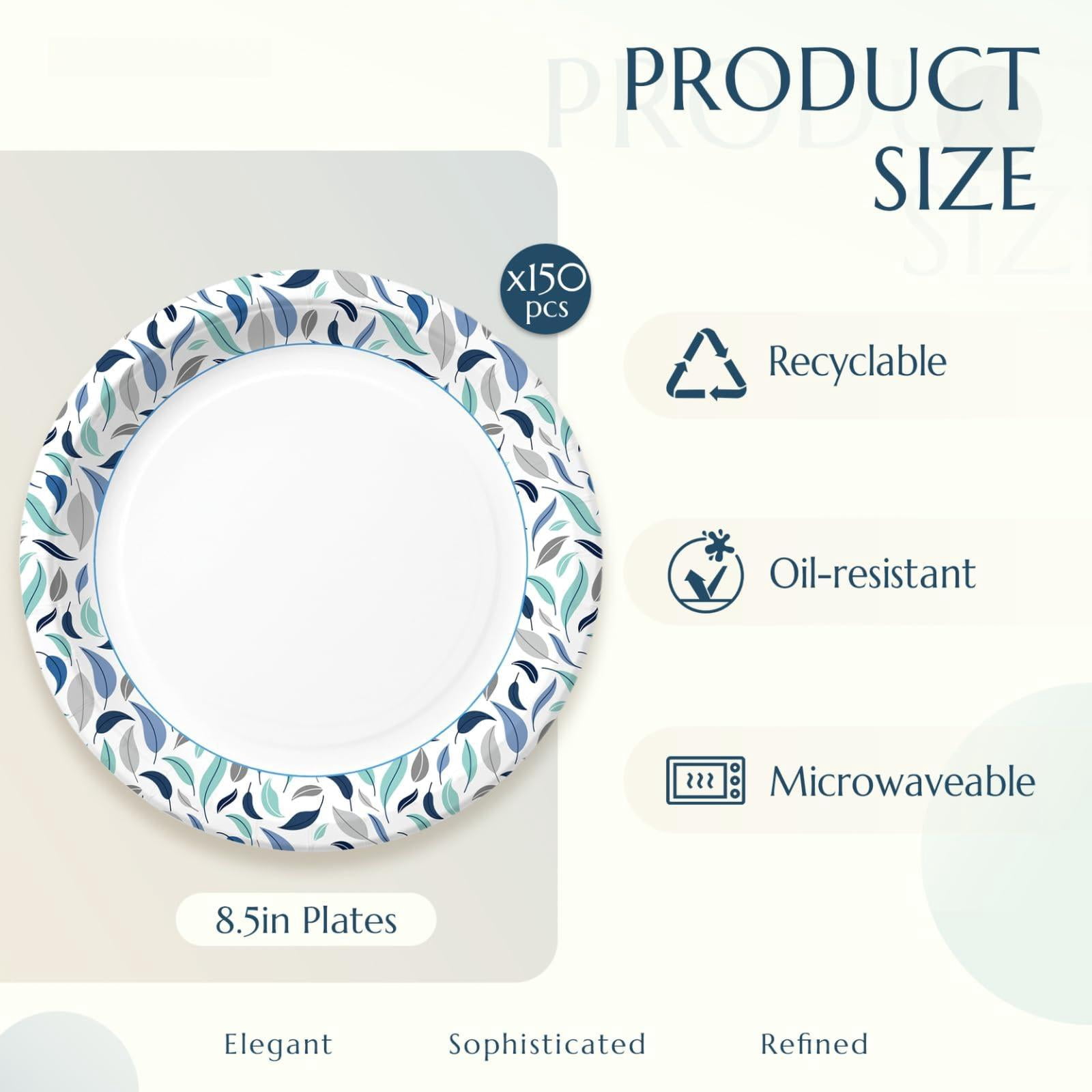 8.5 Inch Paper Plates  150 Count Disposable Soak Proof & Cut Resistantwave Safe Bulk For Everyday Meals Lunch Familye