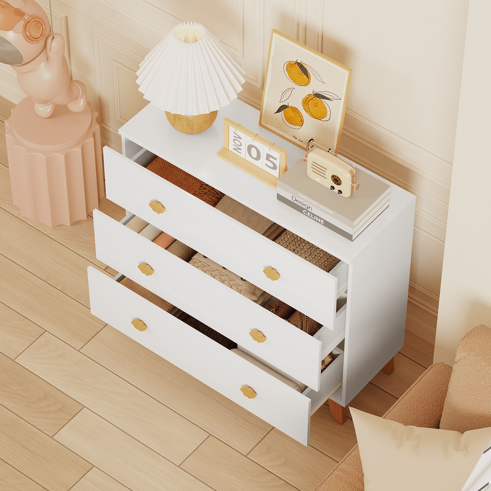 HOQBN 3 Drawer Dresser for Bedroom,Wooden Chest of Drawers Storage Cabinet for Kids Room,Nursery,Living Room,White