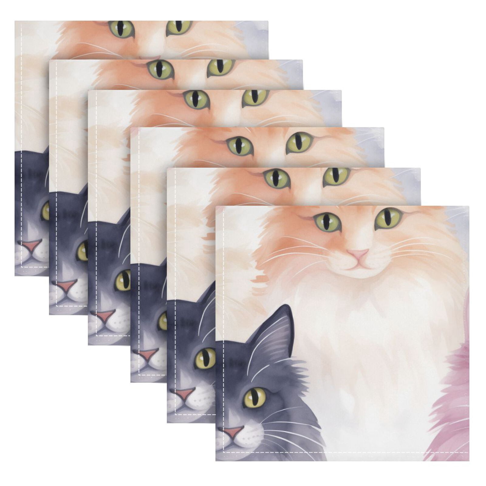 JSTEL Watercolor Cats Kitten Cloth Napkins Set of 6, 20x20 Inch Washable and Reusable Napkin for Decoupage Dinner Party Everyday Use