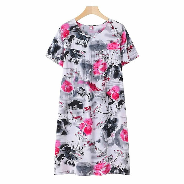 Hontri Summer Cotton Silk Short Sleeved Sleep Dress for Women, Loose Fitting Home Wear, Plus Size Nightgown, Black