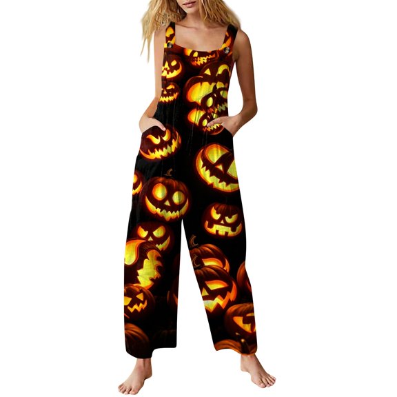 Womens Halloween Jumpsuits Candy Skull Sleeveless Backless Funny Overalls Spiderweb Bat Wide Leg Spooky Rompers, L