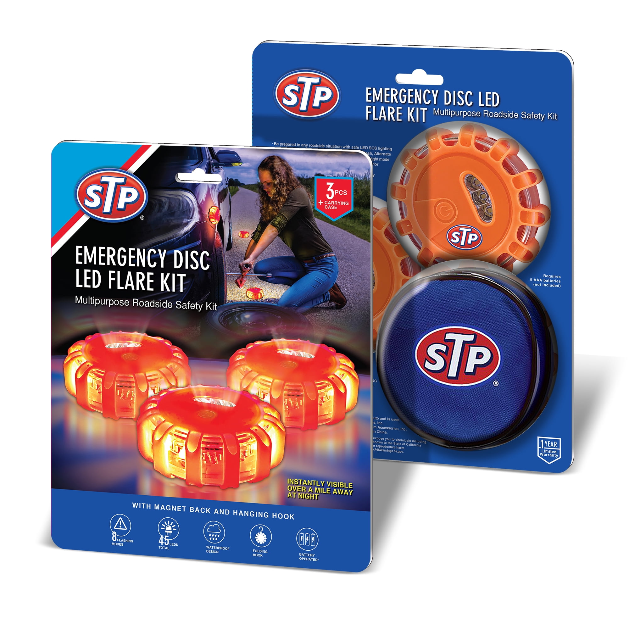 STP Emergency Car LED Road Flare Kits and Case, Requires 3 AAA Batteries, 3-Pack