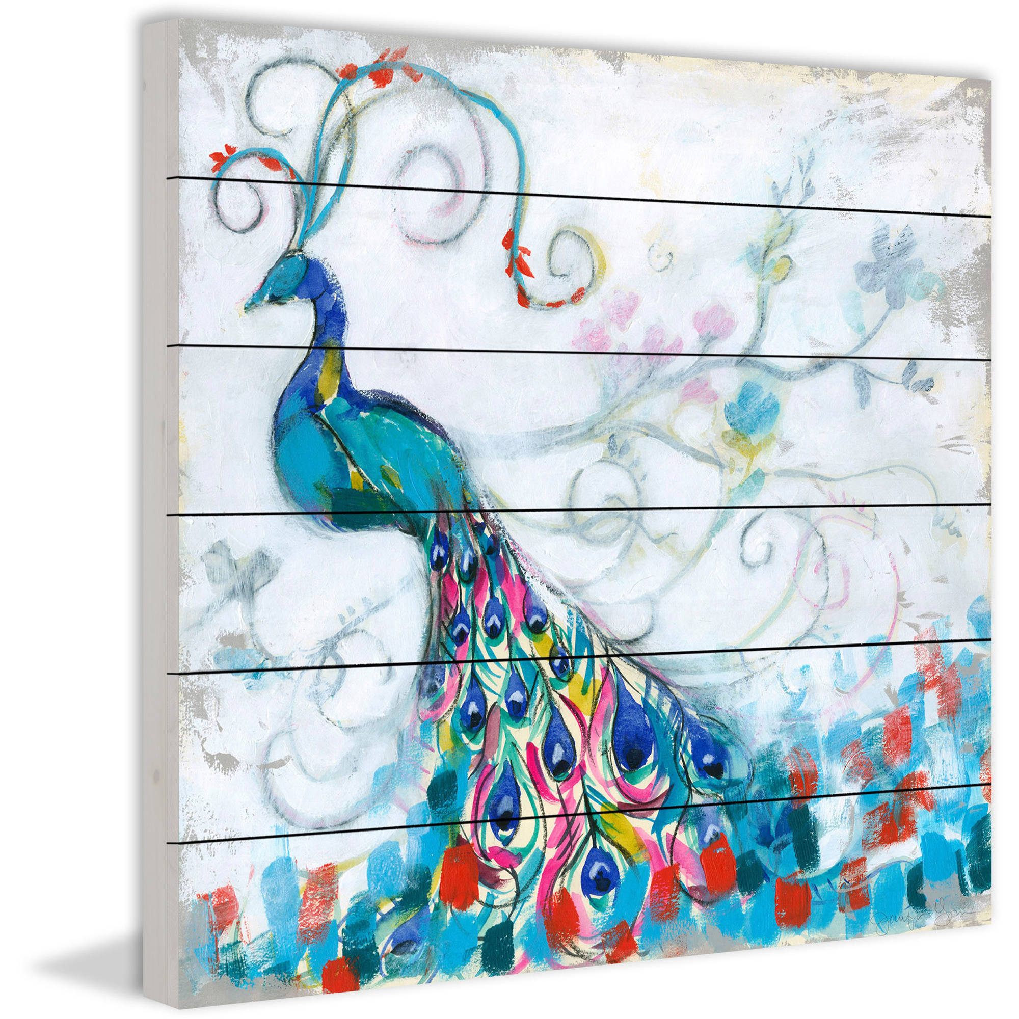Marmont Hill Confetti Peacock II White Wood Wall Art