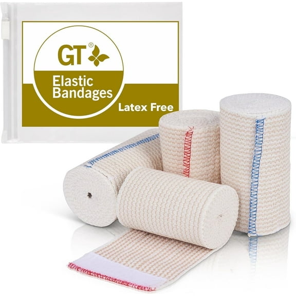 GT Soft | Latex Free | USA Cotton Elastic Bandage | Set of Two 4 inch & Two 3 inch Wraps | Washable Reusable | Hook & Loop Closure Both Ends (Beige)