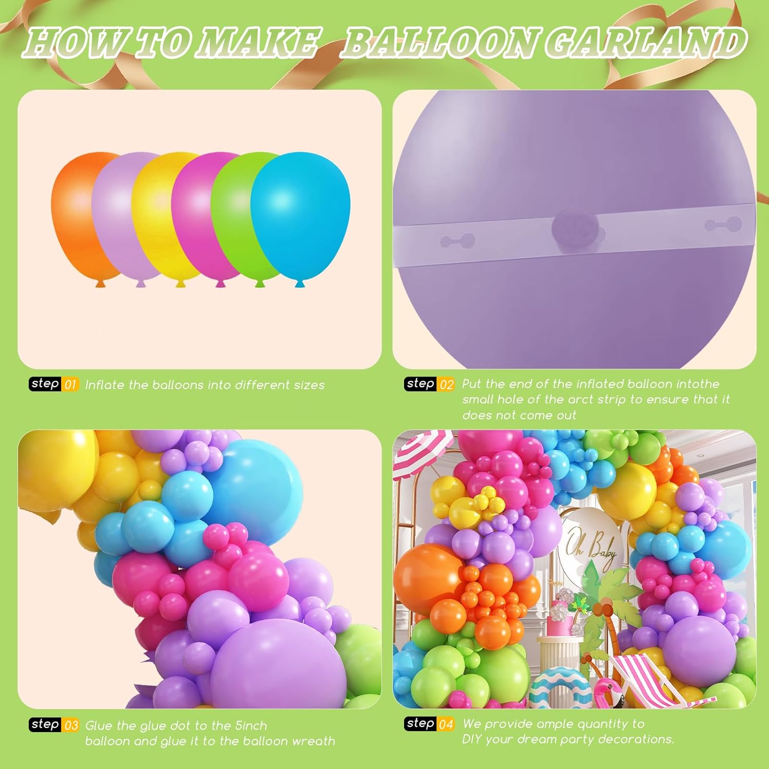 412pcs Summer Tropical Balloon Arch Garland Kit Different Sizes 18 12 10 5inch Rainbow Hot Pink Green Orange Blue Purple Balloons for Hawaiian Luau Aloha Baby Shower Birthday Party Decorations