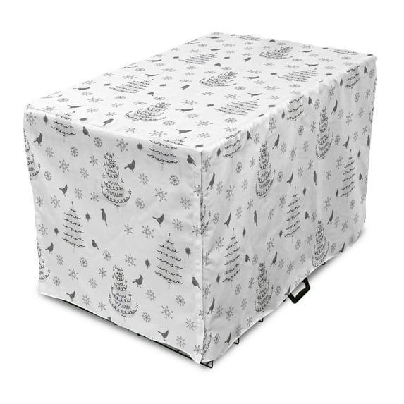 Christmas Dog Crate Cover, Pattern of Winter Time Trees Snowflakes and Birds Snowy New Year, Easy to Use Pet Kennel Cover Small Dogs Puppies Kittens, 7 Sizes, Dark Grey and Pale Grey, by Ambesonne