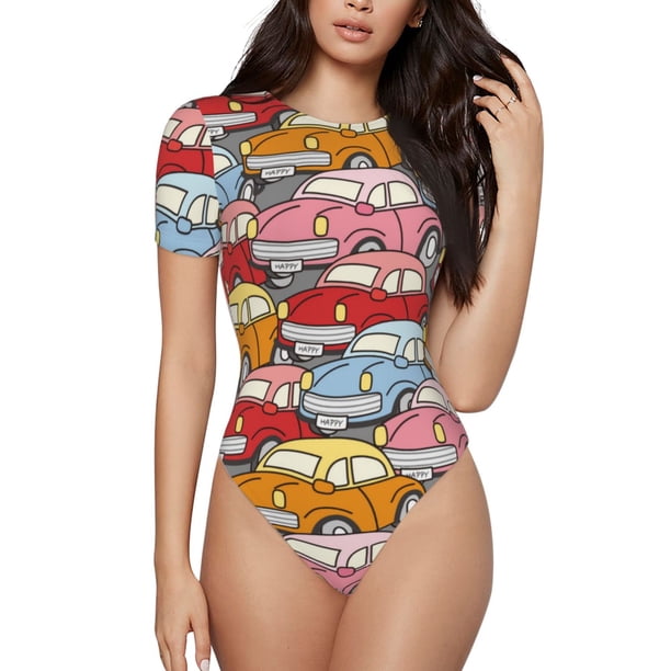 Fotbe Cute Cars Body de Mujer con Cuello Redondo y Mangas Cortas, Sin Mangas Ajustado, Suave, Cómodo y Básico-Medium