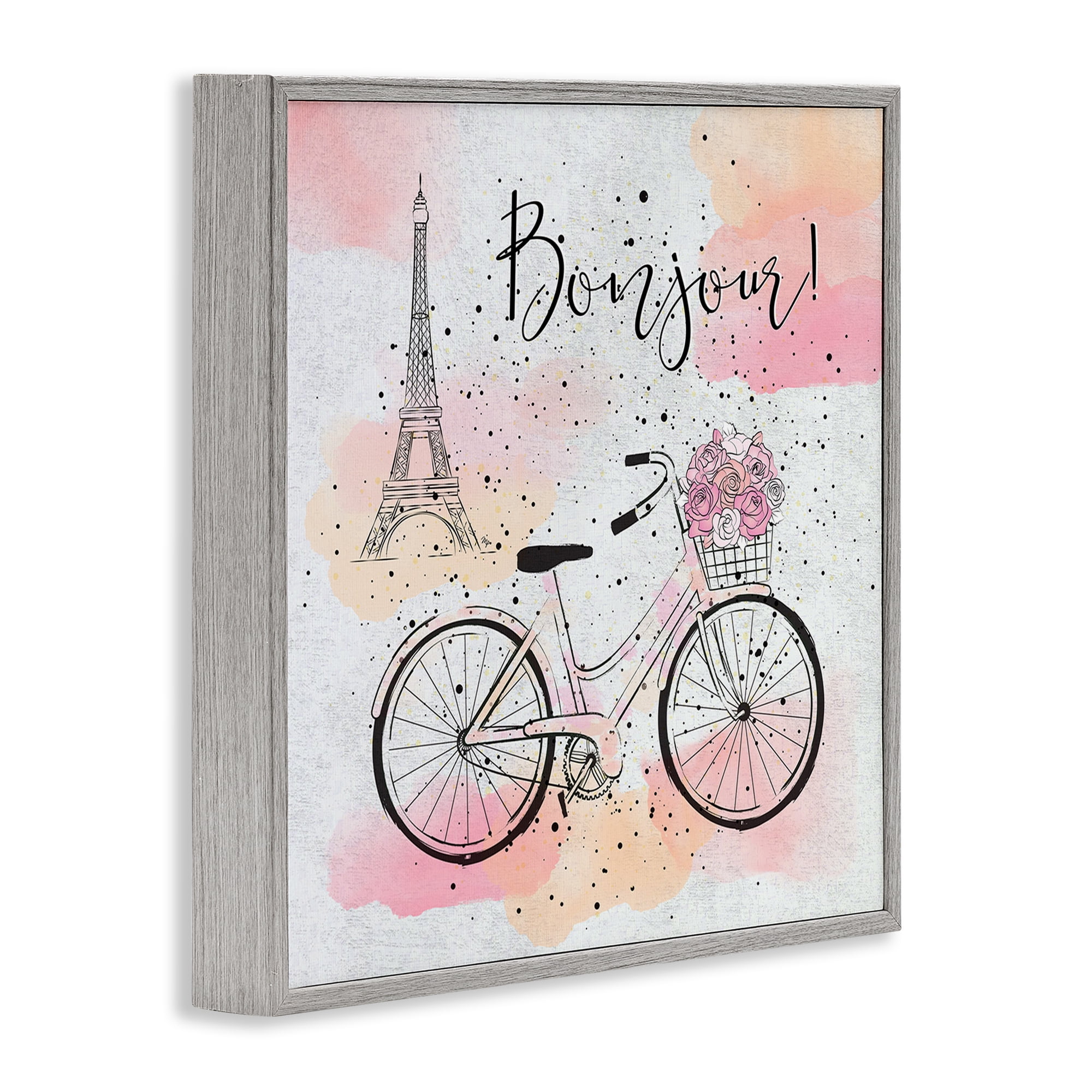 Stupell Industries Bonjour Paris & Bicycle Town & City Painting Gray Framed Art Print Wall Art, 24 x 24