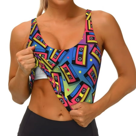 Qokaie Vintage Audio Cassettes Pattern Womens Scoop Neck Sports Bra Breathable Workout Vest Padded U Back Medium Impact Fitness Gym Yoga Bra Workout Crop Top