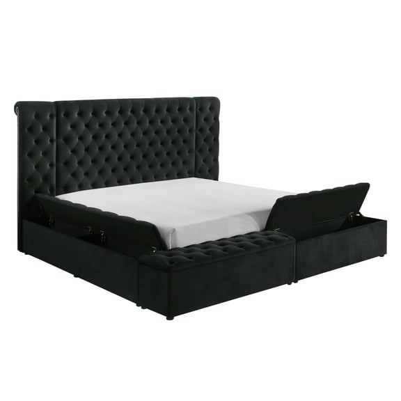 Bed Frame Modern Bedroom Sanctuary Black Velvet Plush Headboard Concealed Storage 1pc Queen Bed
