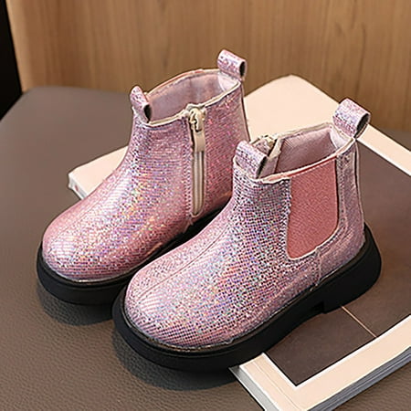 

GUOBIOZIY Girls Ankle Boots Low Heel Glitter Zipper Booties Little Kid Big Kids (Pink 7 )