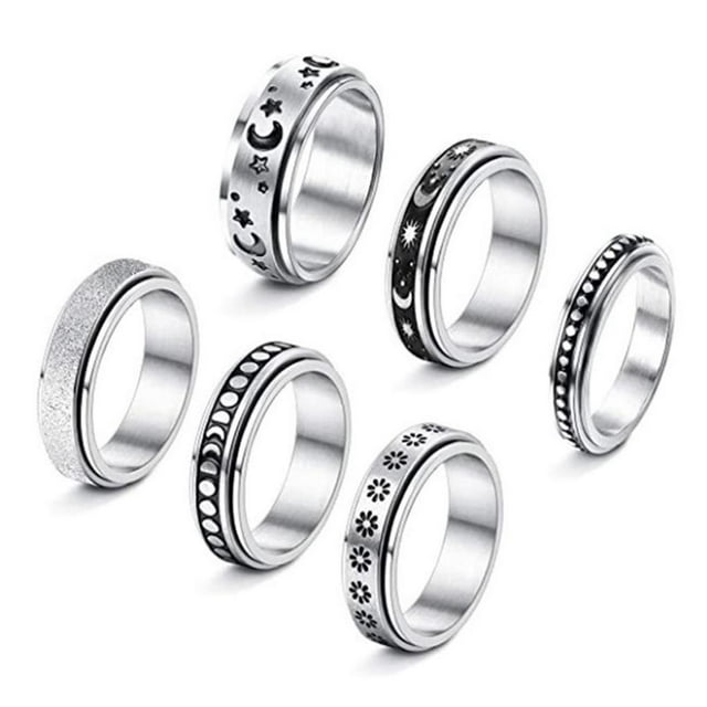 6 Pieces Rings Corruption Resistant Round Moon Phase Shape Anti-Pressure Small Wide Rings Jewelry with Chain Women Type 2
