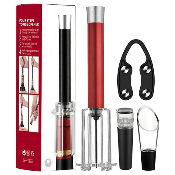 4-in-1 Air Pump Wine Bottle Opener Set, Wine Foil Cutter, Pourer & Vacuum Stopper, No Twisting or Pulling Required, Effortless Bottle Opening