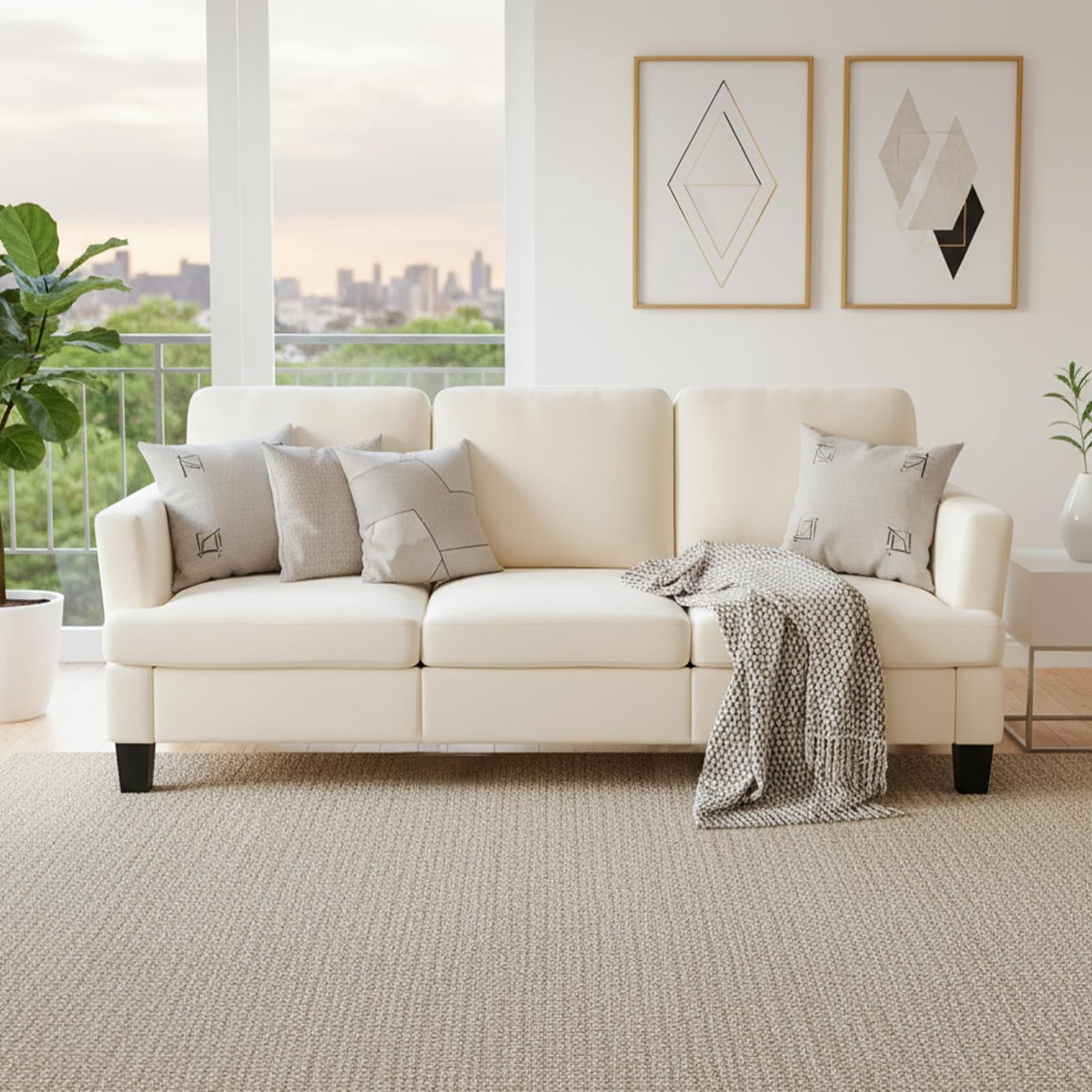 84" Mid Century Modern 3 Seater Sofa Couch, Deep Seat Upholstered Sofa with Armrests, Comfy Linen Couch for Living Room, Bedroom, Apartment & Office, Beige