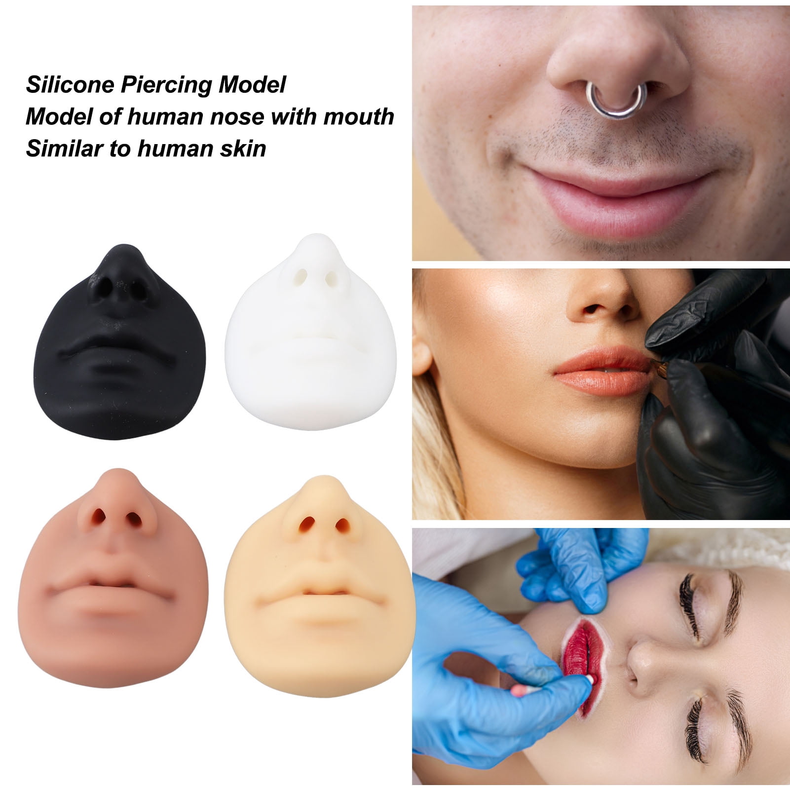 Riousery 4pcs 3D Silicone Piercing Practice Lips and Nose Face Model, Reusable Body Part Skin for Makeup Microblading Training, Semi Permanent Jewelry Display (2.95x2.76 in / 7.5x7 cm)