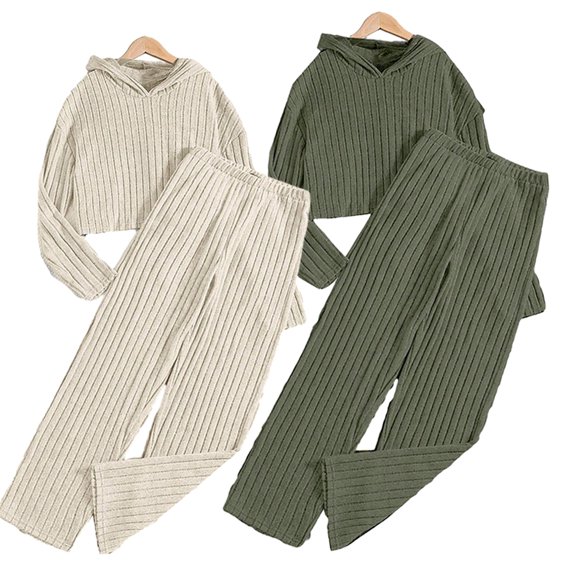 Esaierr Girls Knit Sweatshirt Pants 2Pcs Outfit Set for Kids Teen Knit Hooded Sweatsuit Top Long Pants Set Spring Winter Fall Clothes Big Girls Tracksuits Sets for 8-14Years
